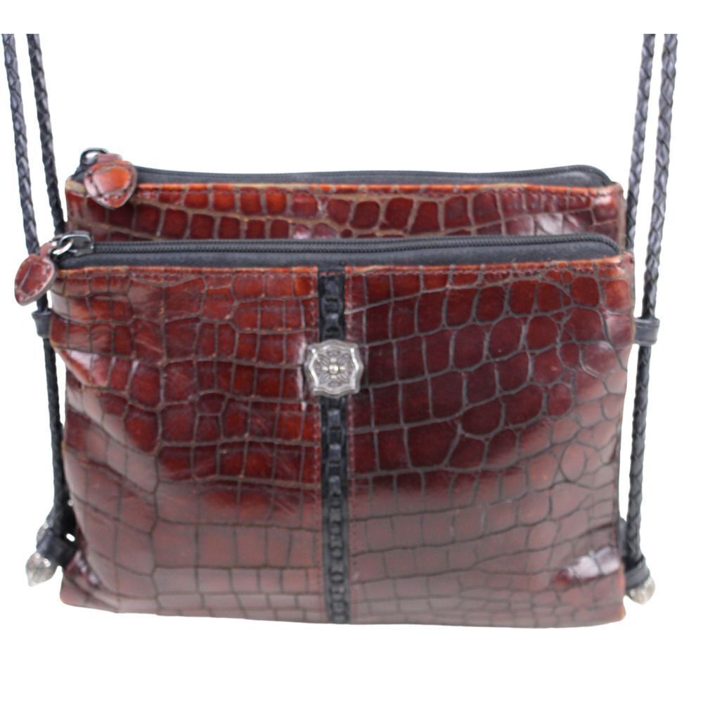 Brighton BROWN CROCO REAL LEATHER WOVEN STRAP TWO COMPARTMENT XBODY SHOULDER BAG